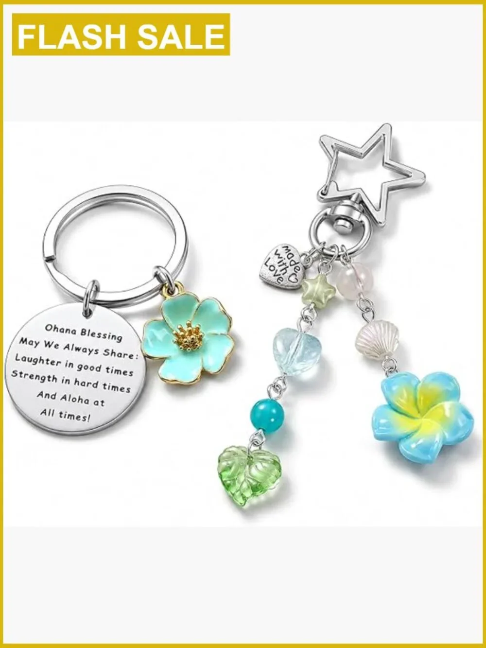 2PCS Hawaii Keychain Set - Hibiscus & Star Clasp - Tropical Keyring